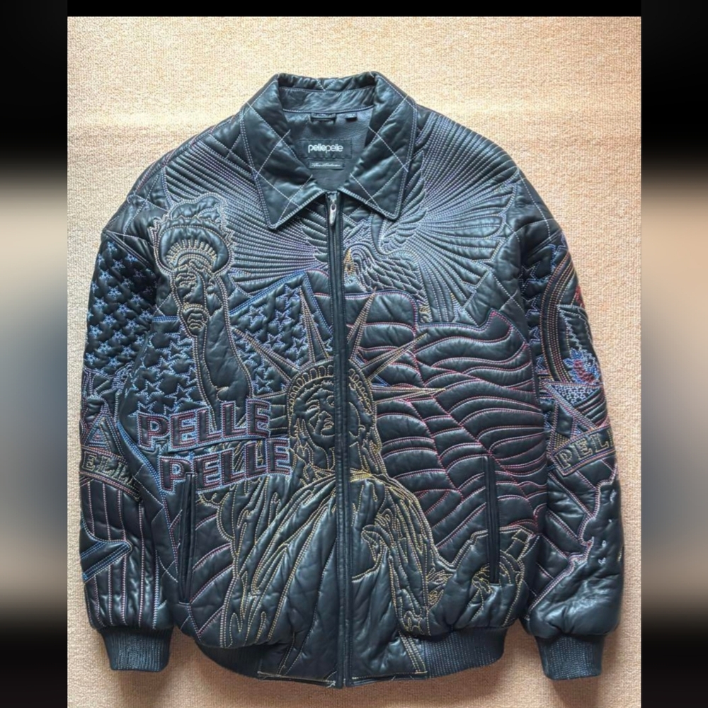 Pelle Pelle Black Quilted Bomber Jacket with Embroidered Design